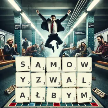 Kreatywna ilustracja do gry w Scrabble ze słowem SAMOWYZWALAŁBYM ułożonym z płytek na planszy.