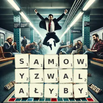 Kreatywna ilustracja do gry w Scrabble ze słowem SAMOWYZWALAŁYBY ułożonym z płytek na planszy.