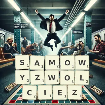 Kreatywna ilustracja do gry w Scrabble ze słowem SAMOWYZWOLCIEZ ułożonym z płytek na planszy.