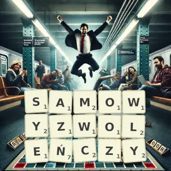 Kreatywna ilustracja do gry w Scrabble ze słowem SAMOWYZWOLEŃCZY ułożonym z płytek na planszy.