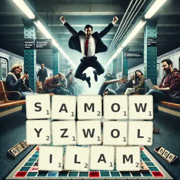 Kreatywna ilustracja do gry w Scrabble ze słowem SAMOWYZWOLILAM ułożonym z płytek na planszy.