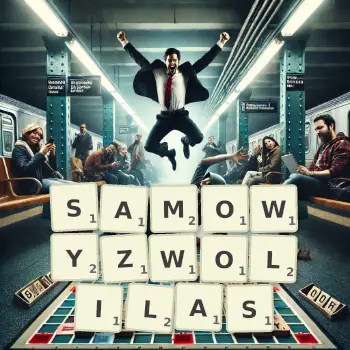 Kreatywna ilustracja do gry w Scrabble ze słowem SAMOWYZWOLILAS ułożonym z płytek na planszy.