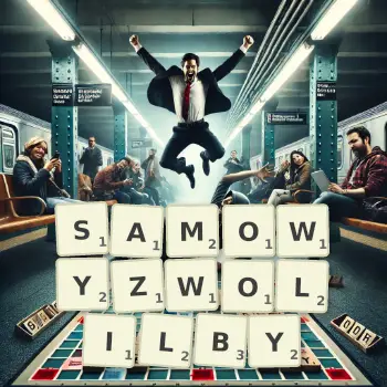 Kreatywna ilustracja do gry w Scrabble ze słowem SAMOWYZWOLILBY ułożonym z płytek na planszy.