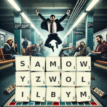 Kreatywna ilustracja do gry w Scrabble ze słowem SAMOWYZWOLILBYM ułożonym z płytek na planszy.