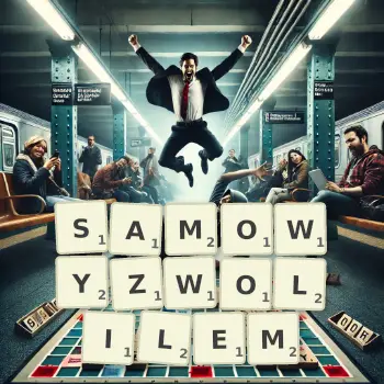 Kreatywna ilustracja do gry w Scrabble ze słowem SAMOWYZWOLILEM ułożonym z płytek na planszy.