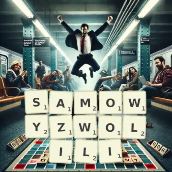 Kreatywna ilustracja do gry w Scrabble ze słowem SAMOWYZWOLILI ułożonym z płytek na planszy.