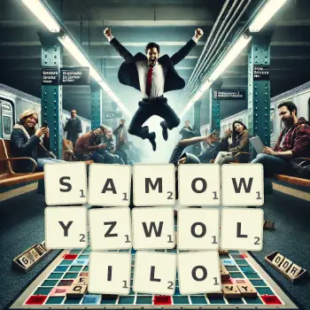 Kreatywna ilustracja do gry w Scrabble ze słowem SAMOWYZWOLILO ułożonym z płytek na planszy.