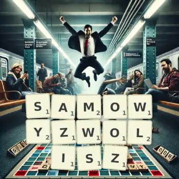 Kreatywna ilustracja do gry w Scrabble ze słowem SAMOWYZWOLISZ ułożonym z płytek na planszy.