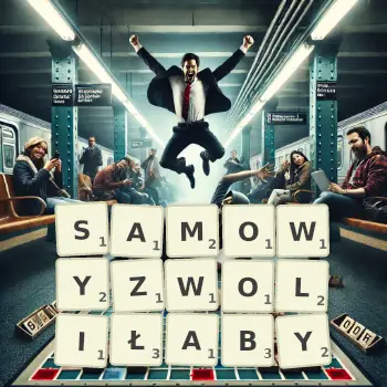 Kreatywna ilustracja do gry w Scrabble ze słowem SAMOWYZWOLIŁABY ułożonym z płytek na planszy.