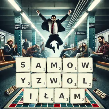 Kreatywna ilustracja do gry w Scrabble ze słowem SAMOWYZWOLIŁAM ułożonym z płytek na planszy.