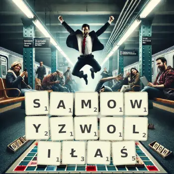 Kreatywna ilustracja do gry w Scrabble ze słowem SAMOWYZWOLIŁAŚ ułożonym z płytek na planszy.