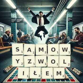 Kreatywna ilustracja do gry w Scrabble ze słowem SAMOWYZWOLIŁEM ułożonym z płytek na planszy.