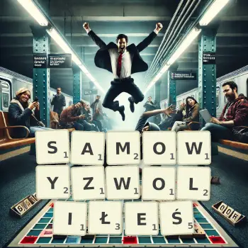 Kreatywna ilustracja do gry w Scrabble ze słowem SAMOWYZWOLIŁEŚ ułożonym z płytek na planszy.