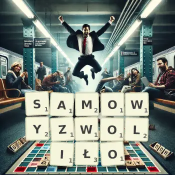 Kreatywna ilustracja do gry w Scrabble ze słowem SAMOWYZWOLIŁO ułożonym z płytek na planszy.