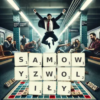 Kreatywna ilustracja do gry w Scrabble ze słowem SAMOWYZWOLIŁY ułożonym z płytek na planszy.