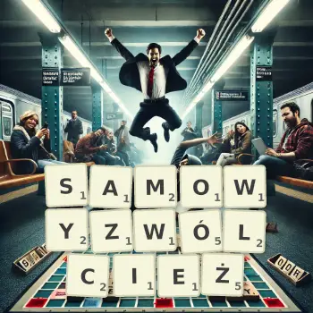 Kreatywna ilustracja do gry w Scrabble ze słowem SAMOWYZWÓLCIEŻ ułożonym z płytek na planszy.