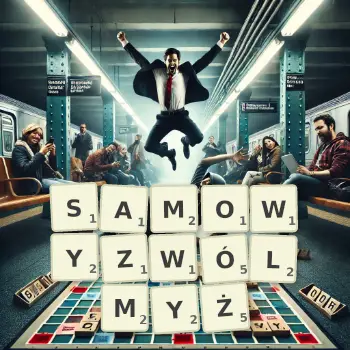 Kreatywna ilustracja do gry w Scrabble ze słowem SAMOWYZWÓLMYŻ ułożonym z płytek na planszy.