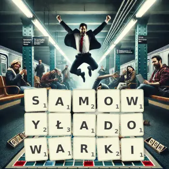 Kreatywna ilustracja do gry w Scrabble ze słowem SAMOWYŁADOWARKI ułożonym z płytek na planszy.