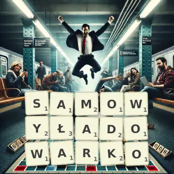 Kreatywna ilustracja do gry w Scrabble ze słowem SAMOWYŁADOWARKO ułożonym z płytek na planszy.