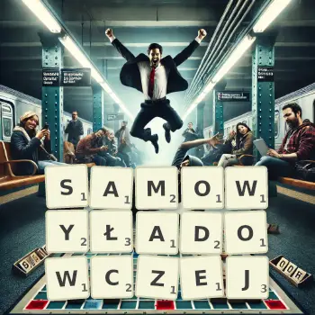 Kreatywna ilustracja do gry w Scrabble ze słowem SAMOWYŁADOWCZEJ ułożonym z płytek na planszy.