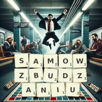 Kreatywna ilustracja do gry w Scrabble ze słowem SAMOWZBUDZANIU ułożonym z płytek na planszy.