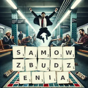 Kreatywna ilustracja do gry w Scrabble ze słowem SAMOWZBUDZENIA ułożonym z płytek na planszy.