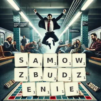 Kreatywna ilustracja do gry w Scrabble ze słowem SAMOWZBUDZENIE ułożonym z płytek na planszy.