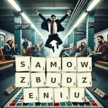 Kreatywna ilustracja do gry w Scrabble ze słowem SAMOWZBUDZENIU ułożonym z płytek na planszy.