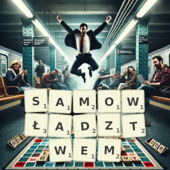 Kreatywna ilustracja do gry w Scrabble ze słowem SAMOWŁADZTWEM ułożonym z płytek na planszy.