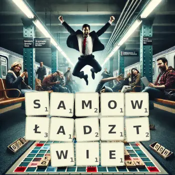 Kreatywna ilustracja do gry w Scrabble ze słowem SAMOWŁADZTWIE ułożonym z płytek na planszy.