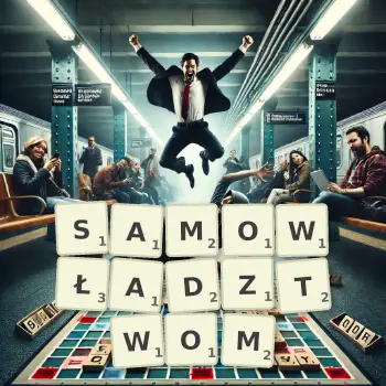 Kreatywna ilustracja do gry w Scrabble ze słowem SAMOWŁADZTWOM ułożonym z płytek na planszy.