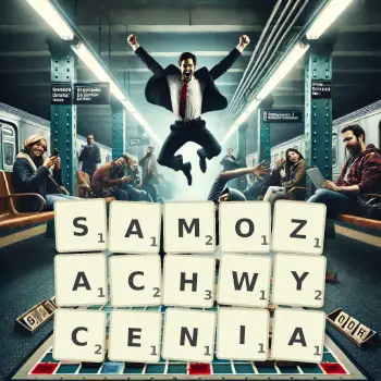 Kreatywna ilustracja do gry w Scrabble ze słowem SAMOZACHWYCENIA ułożonym z płytek na planszy.