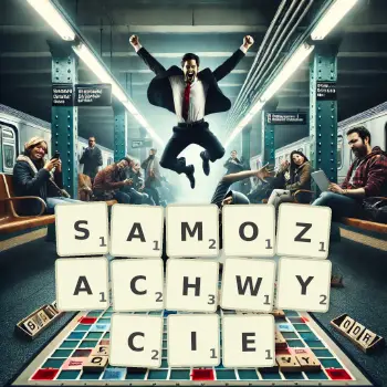 Kreatywna ilustracja do gry w Scrabble ze słowem SAMOZACHWYCIE ułożonym z płytek na planszy.