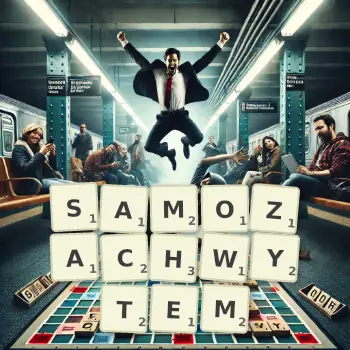 Kreatywna ilustracja do gry w Scrabble ze słowem SAMOZACHWYTEM ułożonym z płytek na planszy.