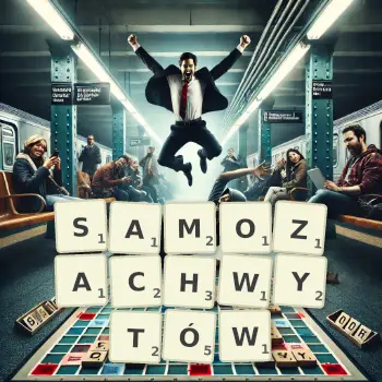 Kreatywna ilustracja do gry w Scrabble ze słowem SAMOZACHWYTÓW ułożonym z płytek na planszy.
