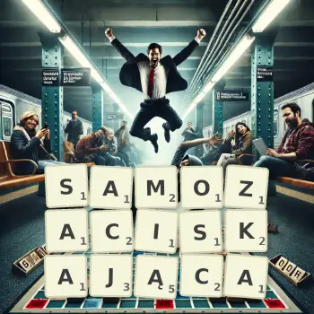 Kreatywna ilustracja do gry w Scrabble ze słowem SAMOZACISKAJĄCA ułożonym z płytek na planszy.
