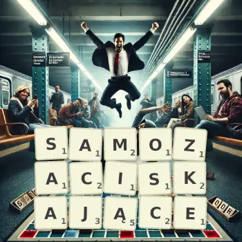 Kreatywna ilustracja do gry w Scrabble ze słowem SAMOZACISKAJĄCE ułożonym z płytek na planszy.