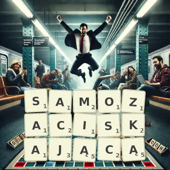 Kreatywna ilustracja do gry w Scrabble ze słowem SAMOZACISKAJĄCĄ ułożonym z płytek na planszy.