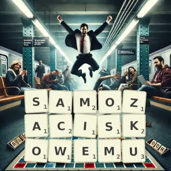 Kreatywna ilustracja do gry w Scrabble ze słowem SAMOZACISKOWEMU ułożonym z płytek na planszy.