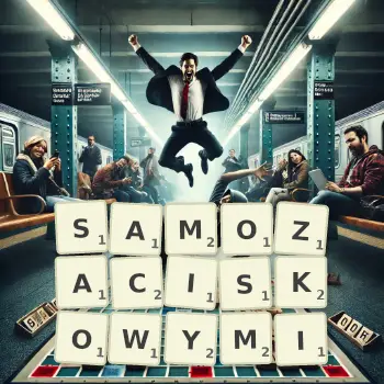 Kreatywna ilustracja do gry w Scrabble ze słowem SAMOZACISKOWYMI ułożonym z płytek na planszy.