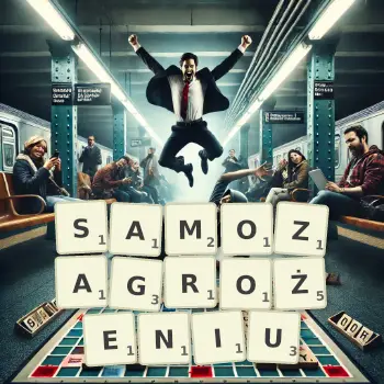 Kreatywna ilustracja do gry w Scrabble ze słowem SAMOZAGROŻENIU ułożonym z płytek na planszy.