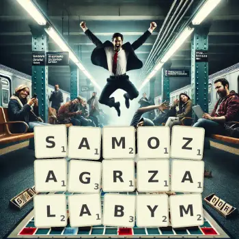 Kreatywna ilustracja do gry w Scrabble ze słowem SAMOZAGRZALABYM ułożonym z płytek na planszy.