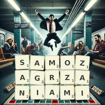 Kreatywna ilustracja do gry w Scrabble ze słowem SAMOZAGRZANIAMI ułożonym z płytek na planszy.