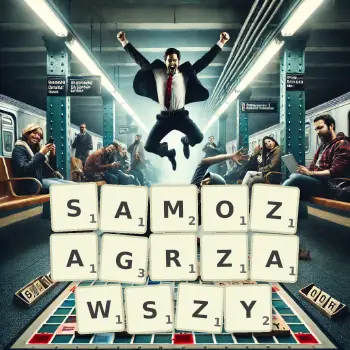 Kreatywna ilustracja do gry w Scrabble ze słowem SAMOZAGRZAWSZY ułożonym z płytek na planszy.