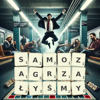 Kreatywna ilustracja do gry w Scrabble ze słowem SAMOZAGRZAŁYŚMY ułożonym z płytek na planszy.