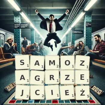 Kreatywna ilustracja do gry w Scrabble ze słowem SAMOZAGRZEJCIEŻ ułożonym z płytek na planszy.
