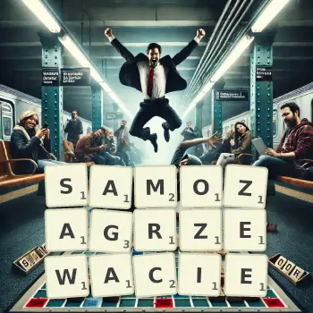 Kreatywna ilustracja do gry w Scrabble ze słowem SAMOZAGRZEWACIE ułożonym z płytek na planszy.