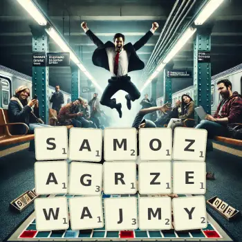 Kreatywna ilustracja do gry w Scrabble ze słowem SAMOZAGRZEWAJMY ułożonym z płytek na planszy.