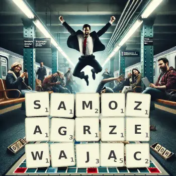 Kreatywna ilustracja do gry w Scrabble ze słowem SAMOZAGRZEWAJĄC ułożonym z płytek na planszy.