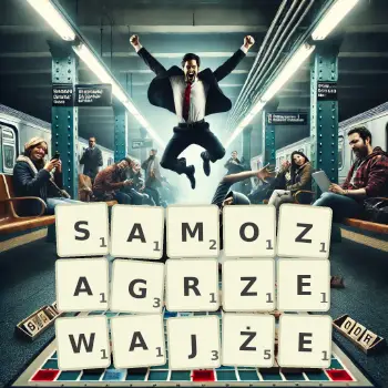 Kreatywna ilustracja do gry w Scrabble ze słowem SAMOZAGRZEWAJŻE ułożonym z płytek na planszy.
